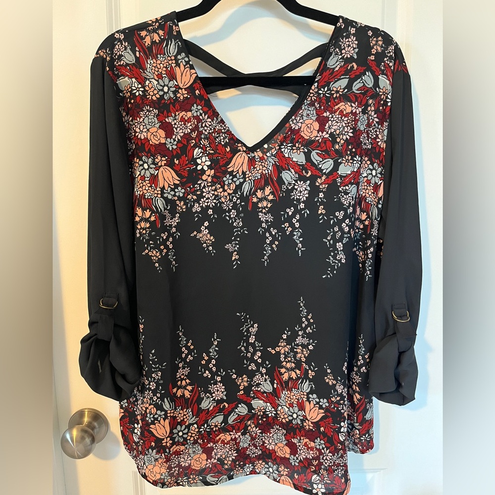 Maurices Floral Long Sleeve Blouse w/ Tie Sleeves, Criss-Cross Back Size L